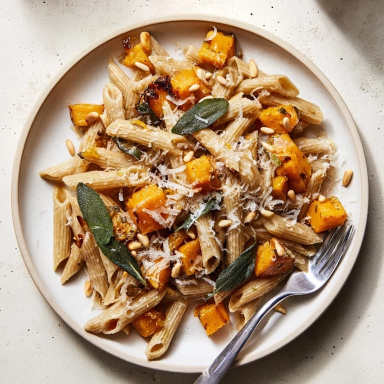 Warm bowl of butternut squash and sage pasta with toasted pine nuts, a delicious vegetarian meal.