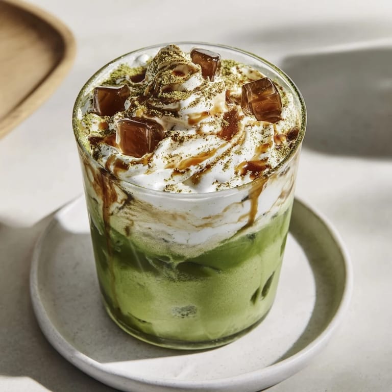 Beautiful view: Swirled matcha and espresso in the iced Caramel Brulée Matcha Christmas Coffee Dupe topped with spice.