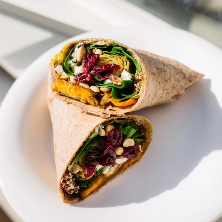 Savory roasted Brussels sprouts and cranberry grain wrap, perfect for a quick, healthy lunch.