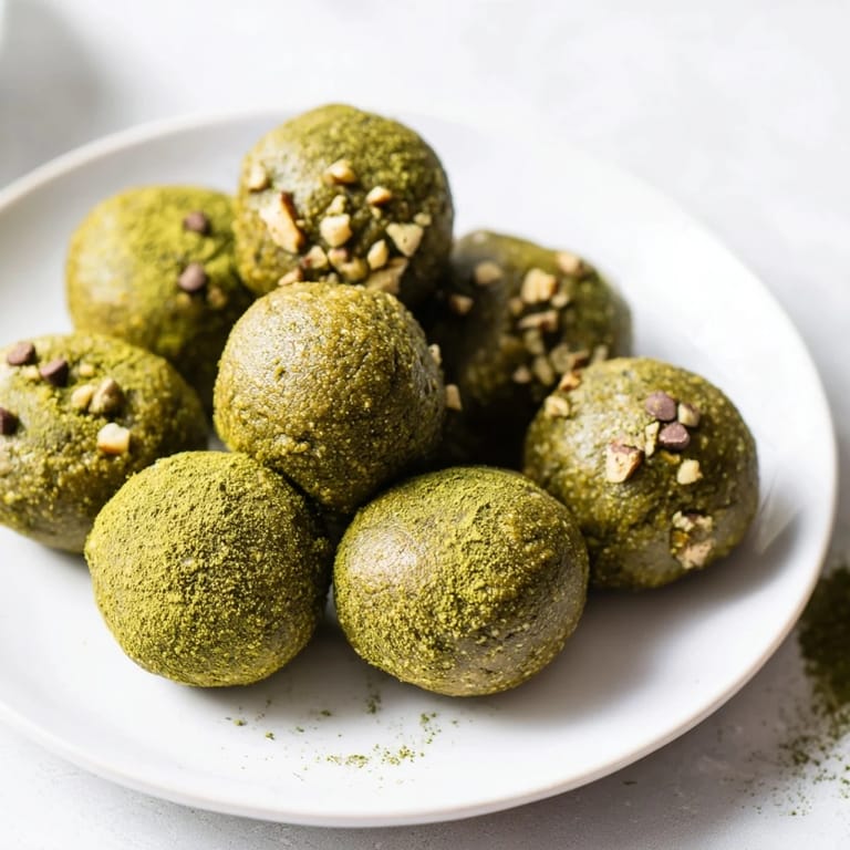 Close-up shot: round Matcha Gingerbread Cookie Dough Protein Bites, showcasing a delightful blend of textures and tastes.