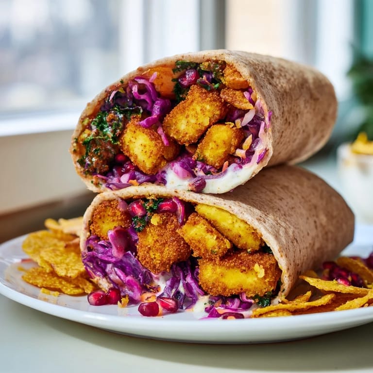 Savory sweet chili tofu, cradled in a crunchy wrap with a festive holiday slaw.