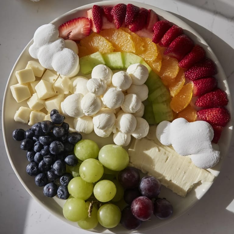 Imagine a joyful Cloud & Rainbow grazing board, with marshmallows and fruit arranged like a colorful rainbow.