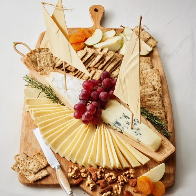 This savory Sailboat Cheese Platter showcases colorful fruits and nuts, perfect for a party appetizer.