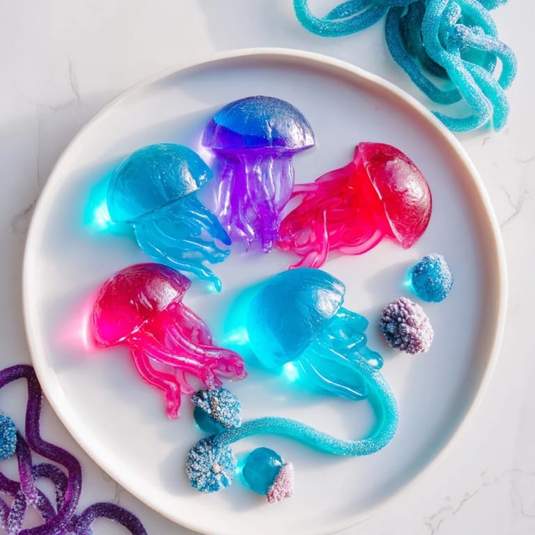 Delicious Jellyfish Candy Platter with playful gummy jellyfish, glistening jellies, and candied "coral" on display.