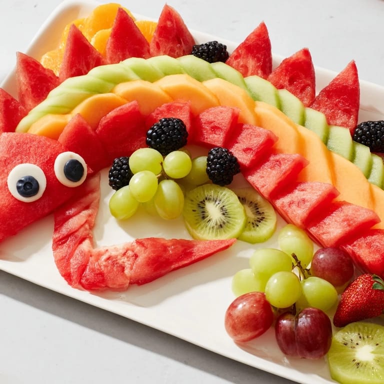 A whimsical Dragon-Shaped Fruit Tray with refreshing melon scales and sweet berry accents, ready to serve.