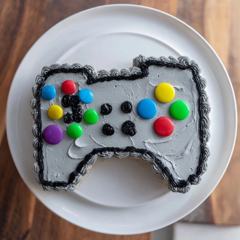 This layered pixel perfect video game controller cake features vibrant buttercream details and candy buttons.