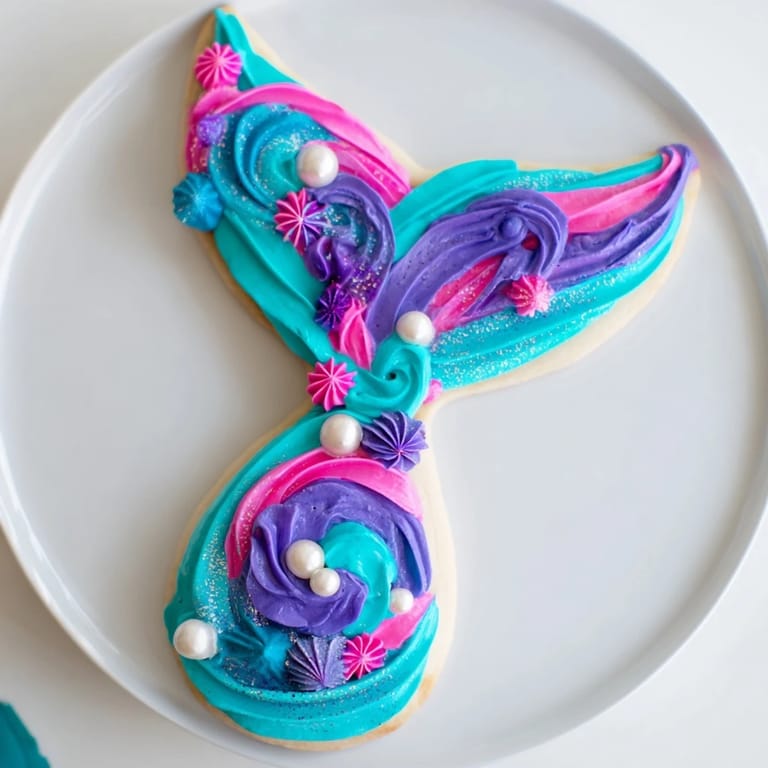 Fluffy pink and teal frosting adorns these sweet mermaid tail treats, ready to eat and enjoy.