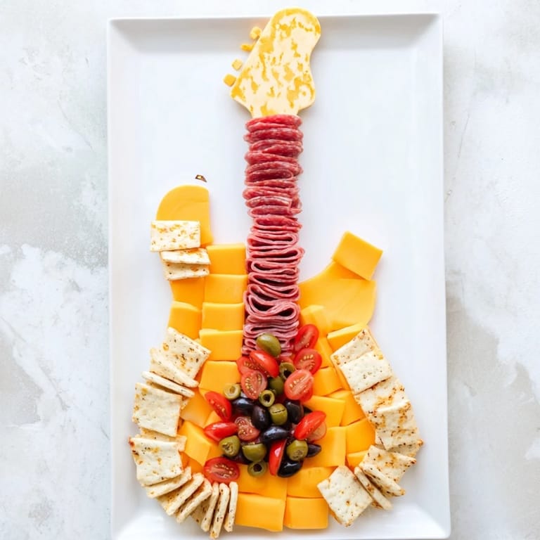 This Rock Star Guitar Snack Platter features cheese guitar body, breadsticks neck, and colorful veggie "strings" and frets.
