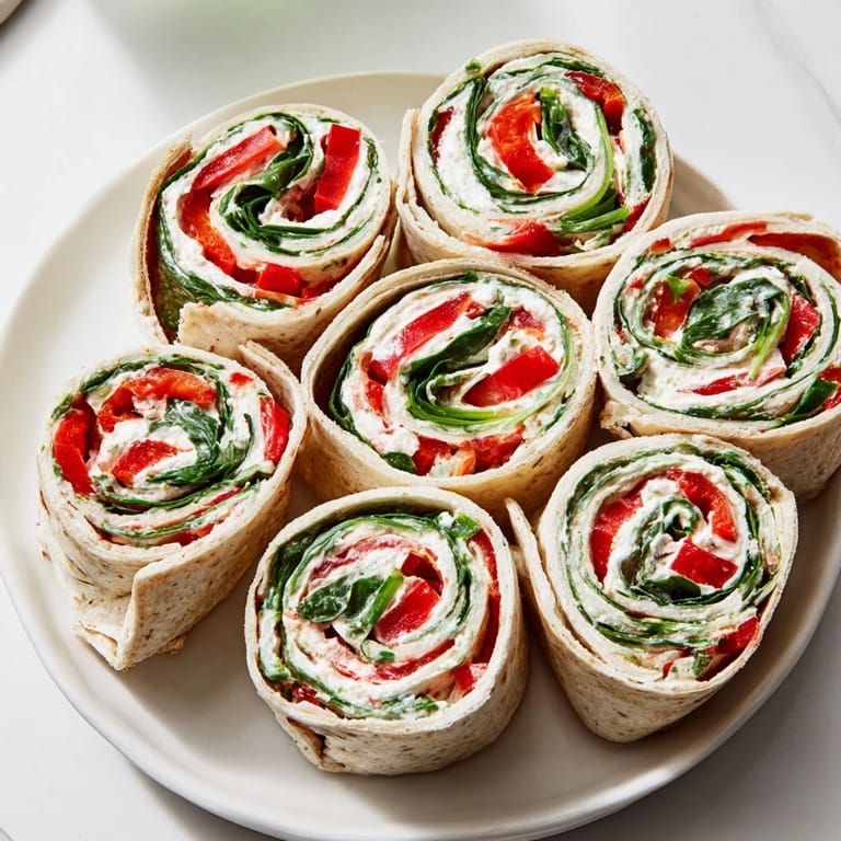 Close-up of freshly sliced Christmas Scarf Tortilla Roll-Ups, creamy filling visible, ready for serving.