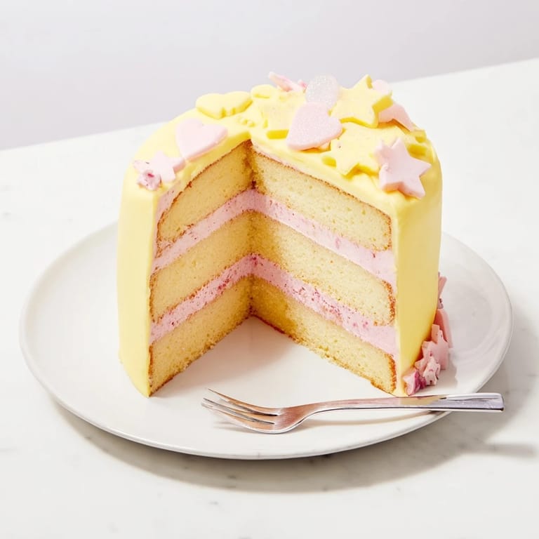 A delicious slice of Château de Princesse Cœurs et Étoiles cake, perfect for a whimsical celebration.