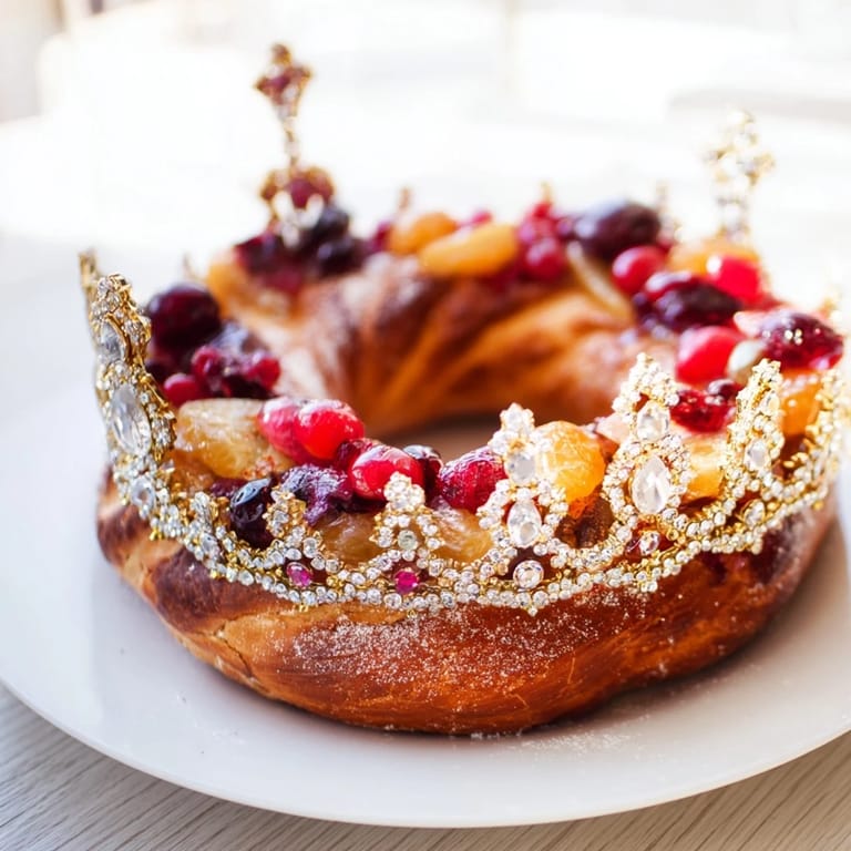A close-up of a glistening Couronne de Roi Bijoux Sucrés, ready to be enjoyed with holiday celebrations.