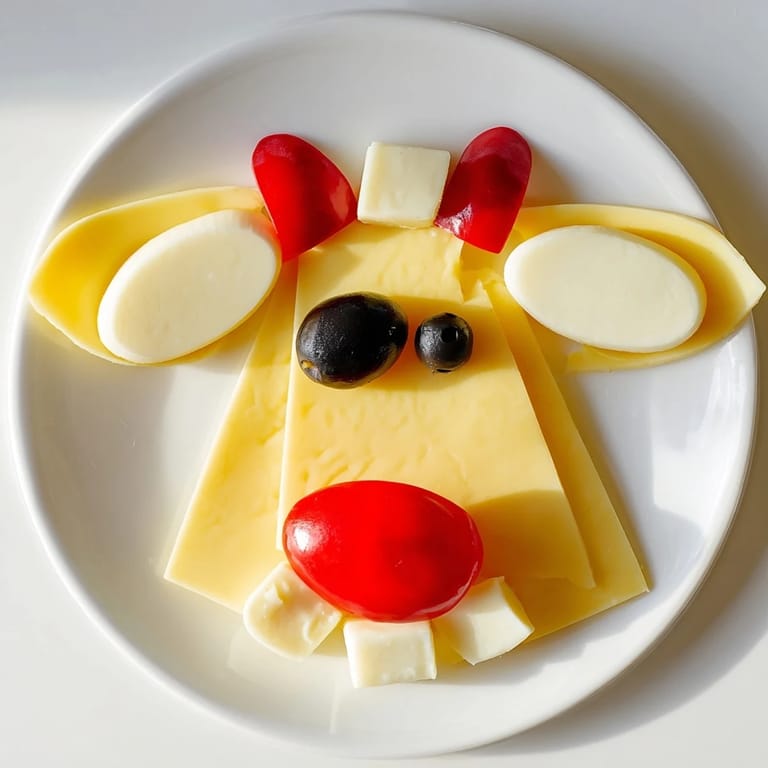 This fun Cheesy Reindeer Face Platter boasts a red pepper nose and olive eyes for a delightful party appetizer.