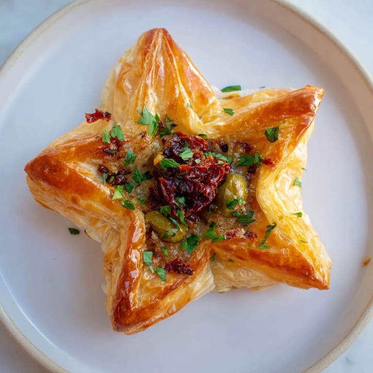 Warm and savory Olive and Sundried Tomato Star Garland, a stunning visual of flaky pastry with vibrant toppings.