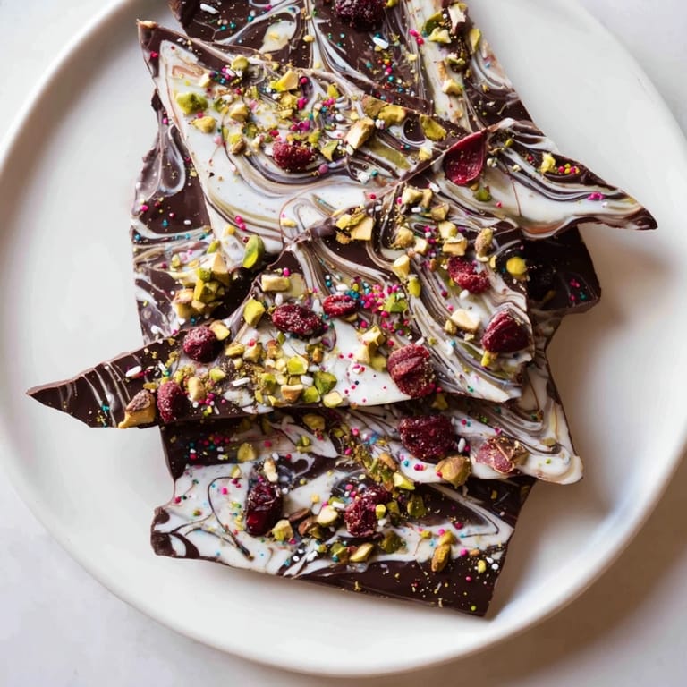 A close-up of a marbled Holiday Bark Shard Display, featuring vibrant toppings on a dark chocolate base.
