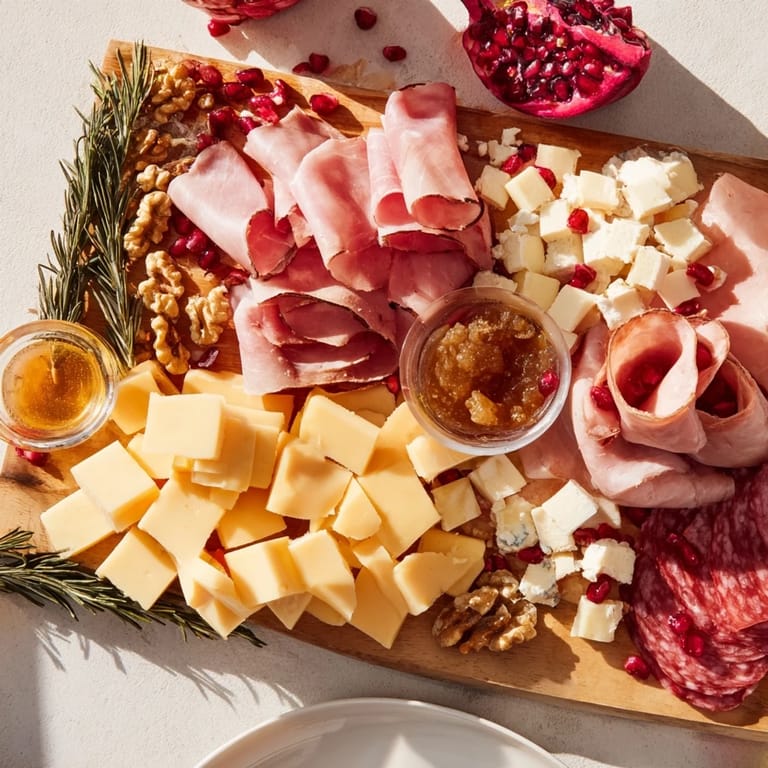 This Winter Forest Meat and Cheese Charcuterie Scene features artfully arranged meats and cheeses for entertaining.