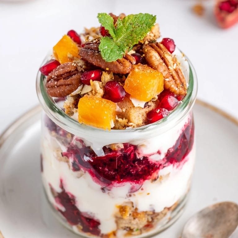 Creamy Greek yogurt and crumbled Christmas pudding layered in a parfait, ready for your bar.