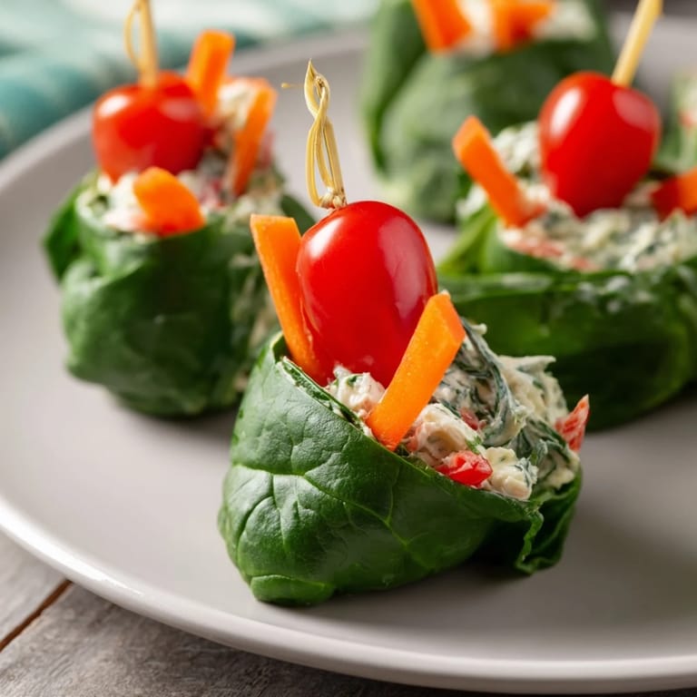 Filled holly leaf spinach wraps, showing a creamy herbed cheese filling and vibrant carrot strips.