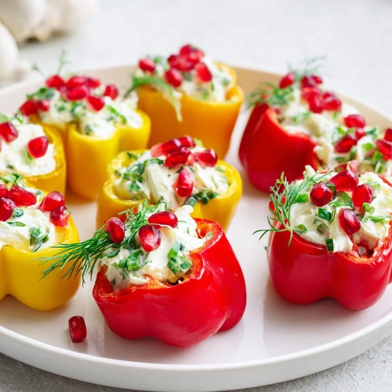 Festive plate of bell pepper Christmas bow appetizers, a gluten-free and vegetarian holiday treat.