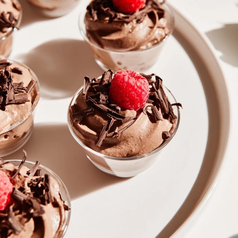 Individual servings of decadent chocolate mousse dessert cups, with smooth texture and delicate garnish.