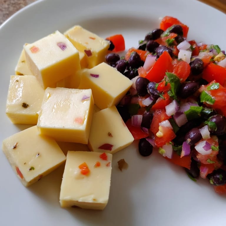 Freshly made black bean salsa topping spicy Pepper Jack cubes, a delicious party food idea.