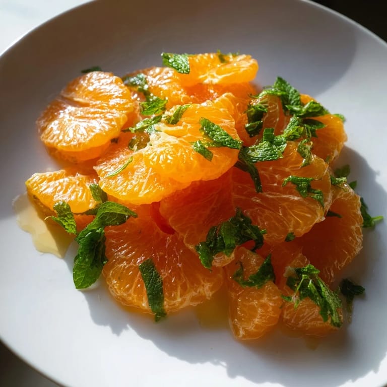 Close-up of a refreshing clementine and mint winter fruit salad, showcasing juicy citrus and fresh mint.