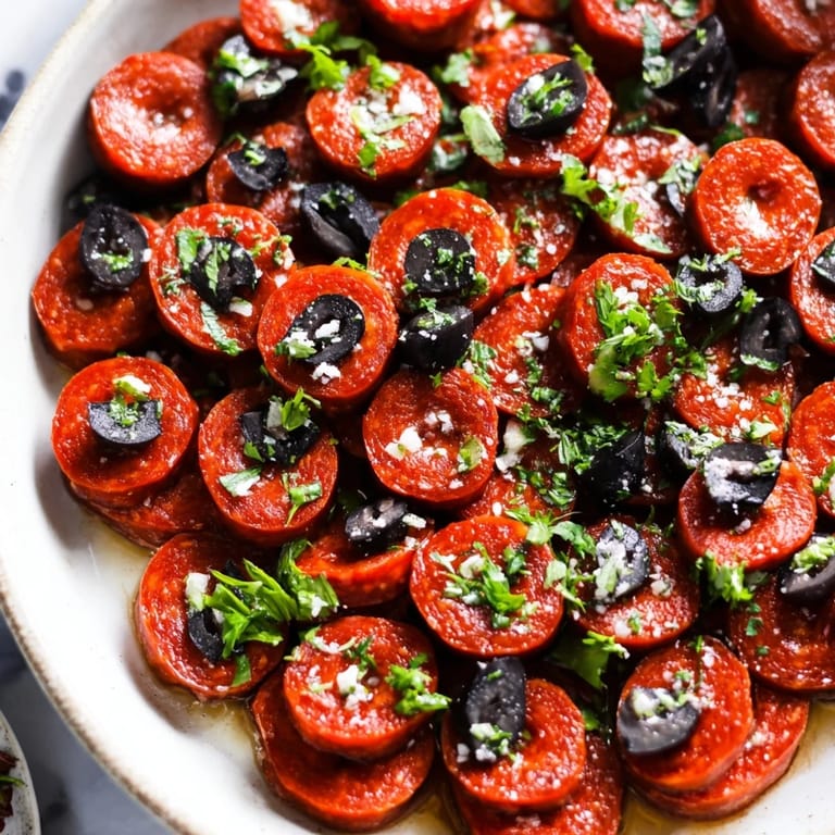 A colorful platter of sliced pepperoni and olive halves, ideal for a quick summer bite.