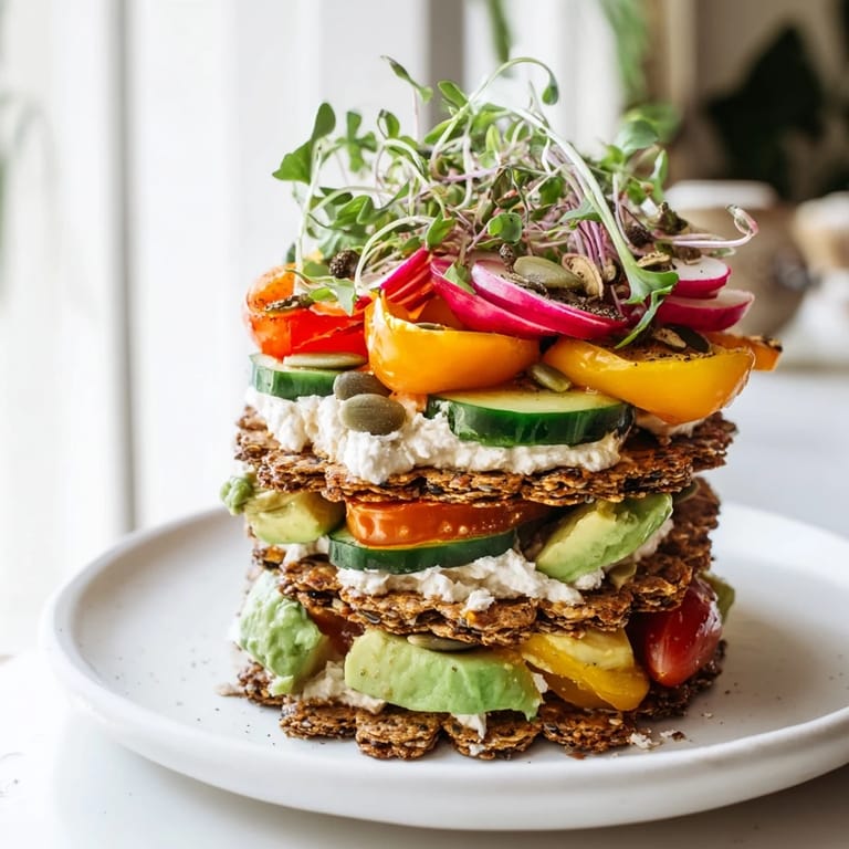 Imagine a vibrant Gluten-Free Gourmet Tower, a delicious artistic stack of crackers, bread, and beautiful fresh ingredients.