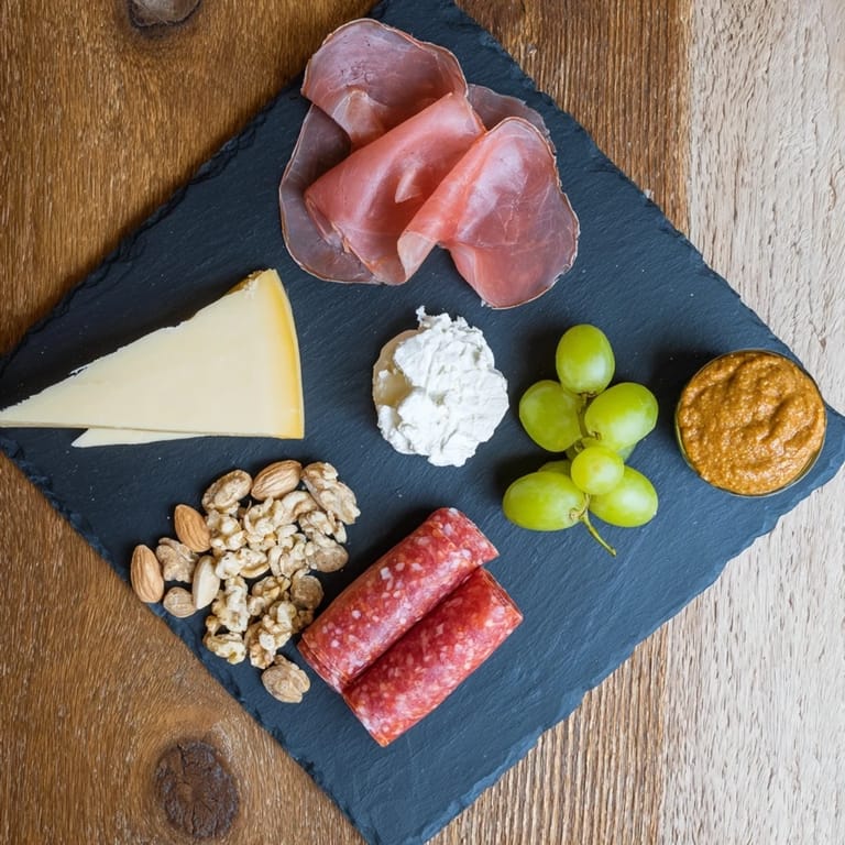 This personal Charcuterie Board for One features a beautiful array of salami, cheddar, and accompanying treats.