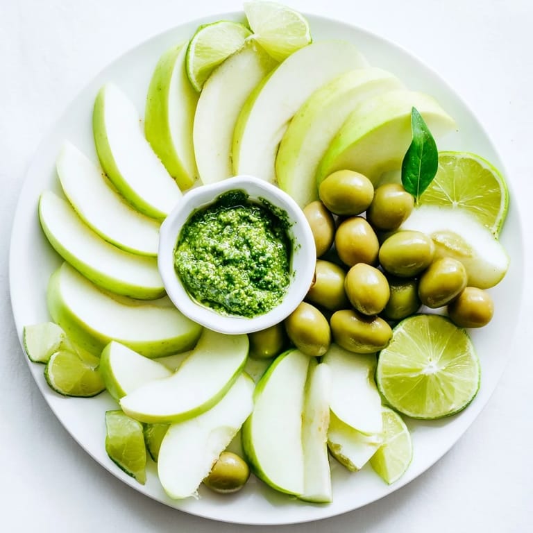 Freshly arranged Emerald City board with crisp green apples, pesto, and olives, ready to serve and impress.