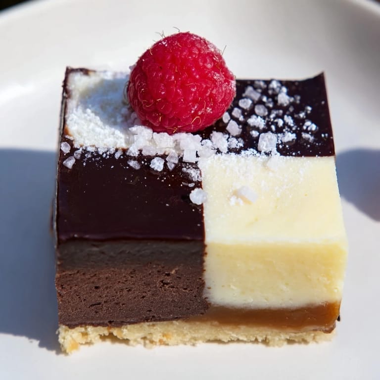 Imagine a close-up of The Checkerboard Terrace, a beautiful dessert, with alternating textures and flavors.