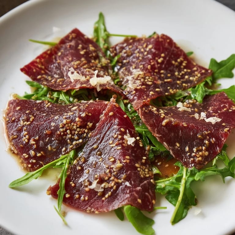 Savor the savory aroma of the Origami Fold Beef Appetizer, artfully folded and drizzled with marinade.