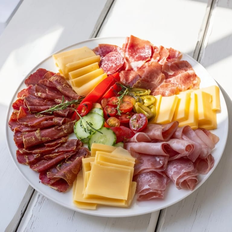 Beautifully arranged Keto Power Plate featuring sliced meats, cheeses, and crisp radishes, looks delicious.