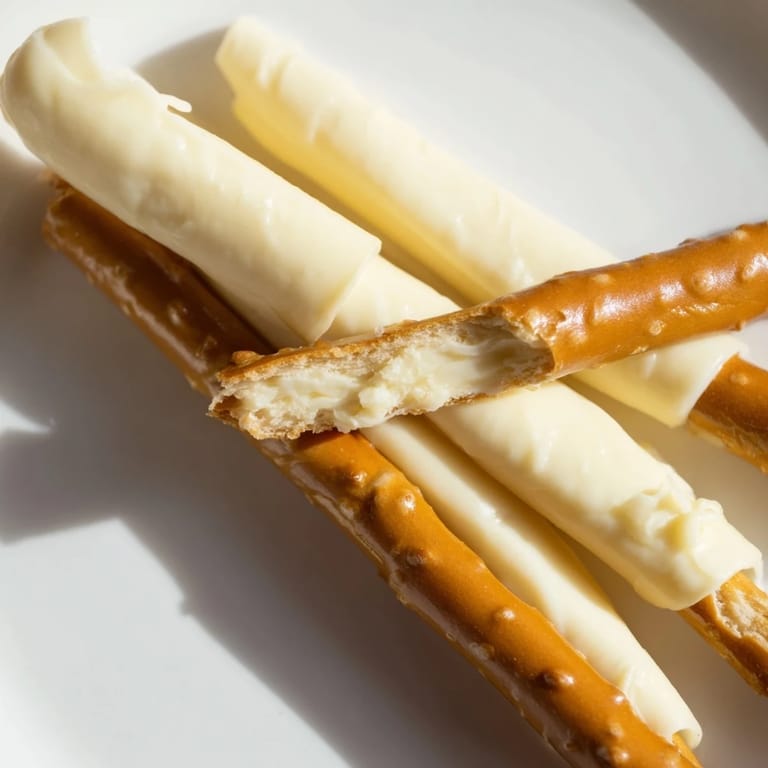 Crisp pretzel rods are nestled in creamy string cheese for an easy, delicious String Cheese & Pretzel Rods Snack.