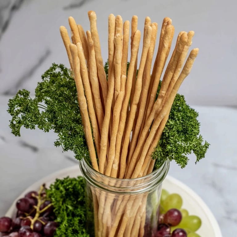 Vibrant "Vertical Forest" food arrangement: breadsticks in jars with grapes and parsley for snacking.