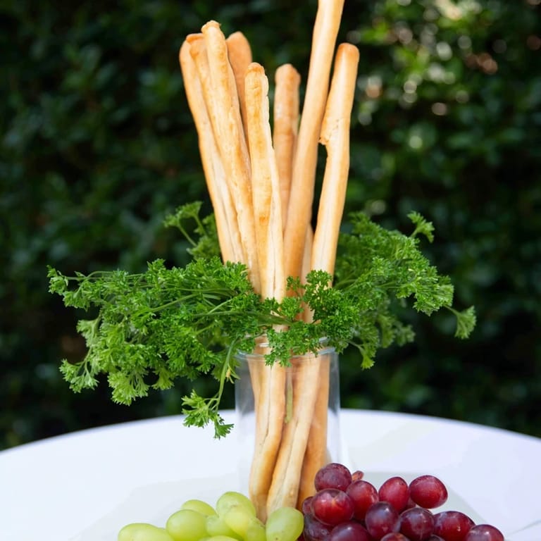 Easy "Vertical Forest" party platter with breadsticks, grapes, and fresh parsley for everyone.