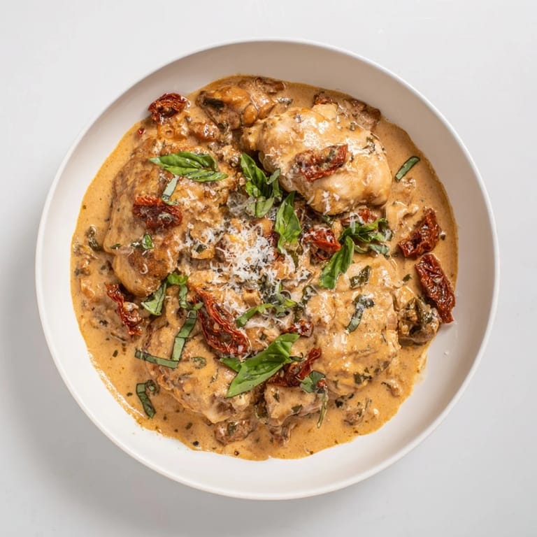 Succulent Creamy Sun-Dried Tomato Chicken Skillet, a one-pan meal with golden-brown chicken and a vibrant sauce.