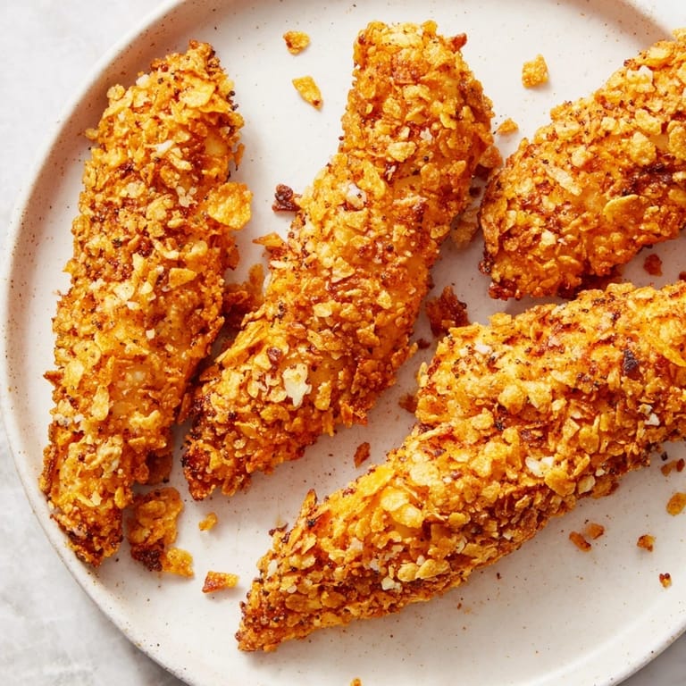 Close-up of freshly baked Crispy Onion Chip Chicken Tenders, highlighting their crunchy texture and savory aromas.