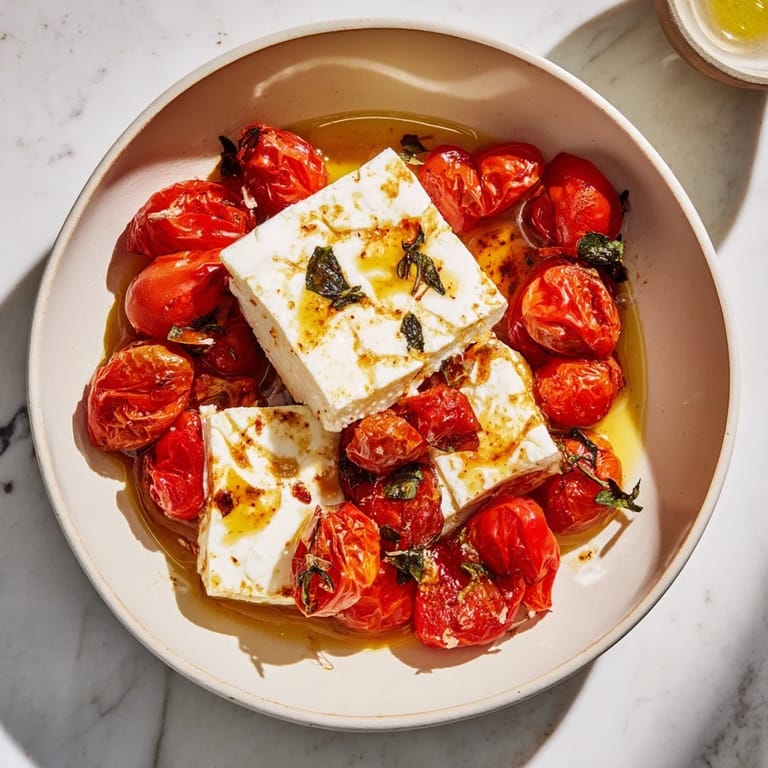 Creamy baked feta 2.0 with blistered tomatoes, pasta, and a drizzle of spicy honey.