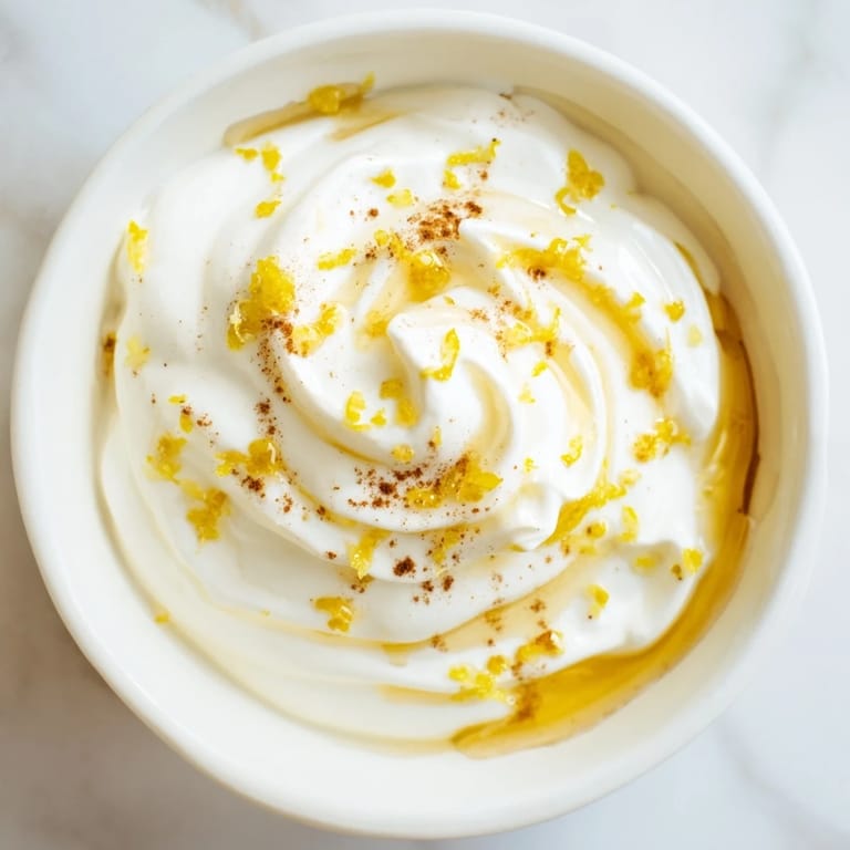 A close-up shot of the Greek Yogurt Fruit Dip, showing a smooth, textured mixture with lemon zest.