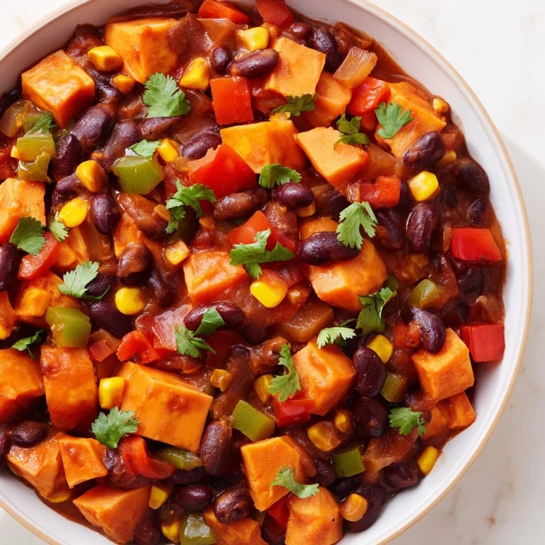 Close-up of a rustic bowl of Smoky Sweet Potato Chili, ready to serve with fresh cilantro garnish.