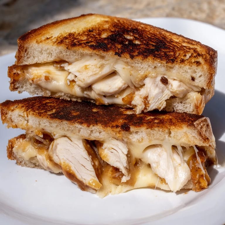 Mouthwatering close-up of a perfectly toasted Chili Crisp Honey Chicken Grilled Cheese sandwich.