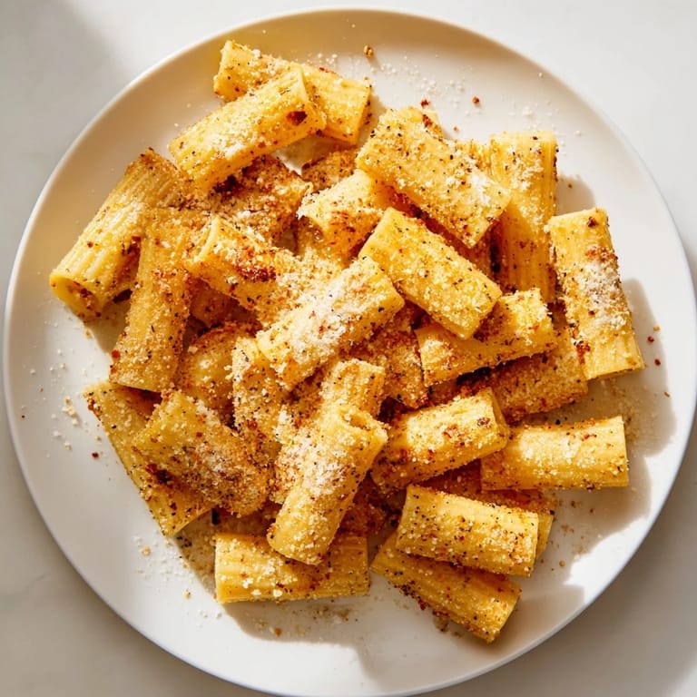 Close-up of golden brown pasta chips, seasoned and air-fried for a delicious Italian-American snack recipe.