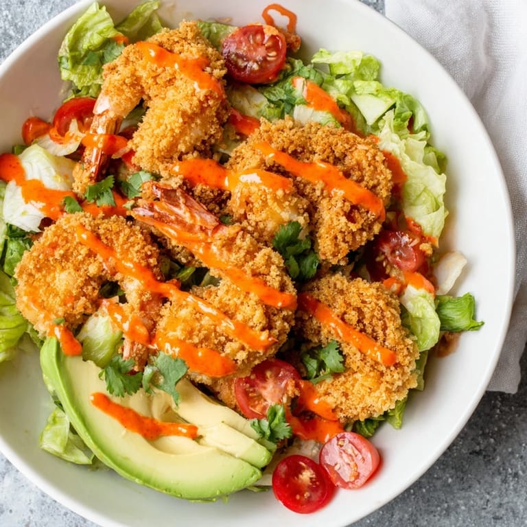 A close-up shot of a vibrant Spicy Crispy Shrimp Salad ready to be enjoyed as a meal.