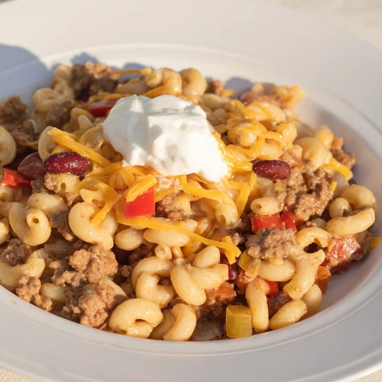 This warm bowl of one-pot chili mac shows tender pasta in a rich tomato sauce, ready to eat.
