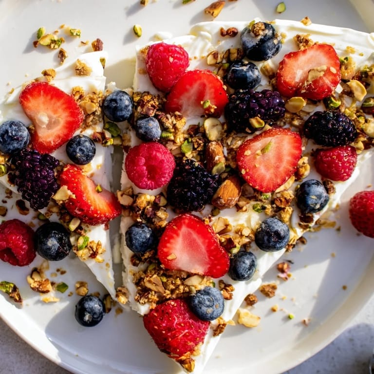 Easy-to-make frozen fruit yogurt bark, showing a close-up of the delicious berry and yogurt layers.