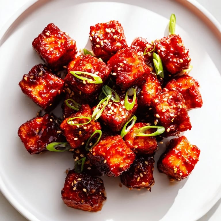 Golden-brown honey gochujang tofu cubes, perfectly glazed and ready to serve over rice.