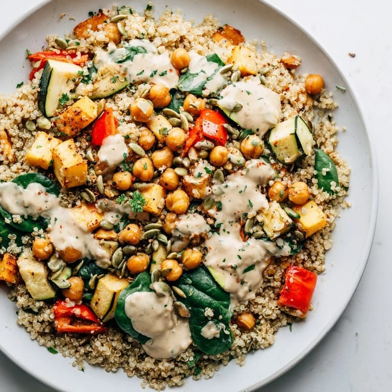 This hearty Quinoa Power Protein Salad features fluffy quinoa, chickpeas, herbs, and tasty roasted vegetables.