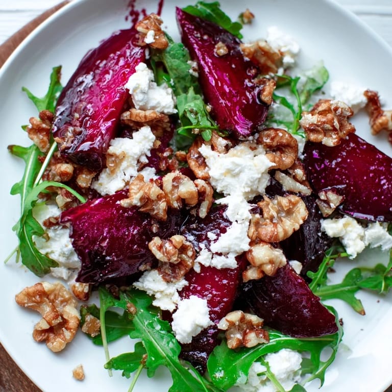 A close-up of a flavorful Roasted Beet Walnut Salad with candied walnuts and goat cheese.