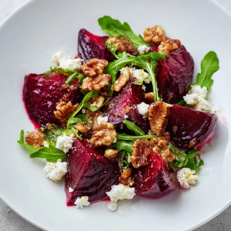 Showcasing the vibrant colors of a fresh Roasted Beet Walnut Salad ready to eat and enjoy.