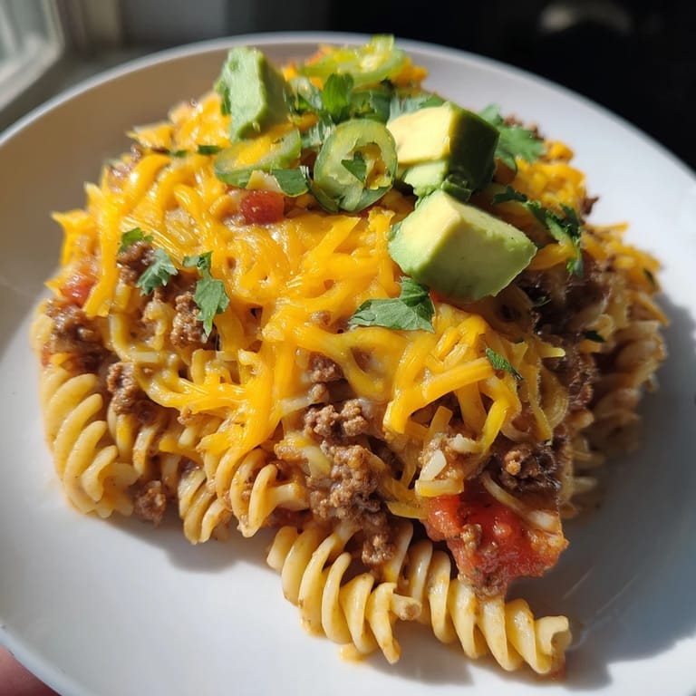Close-up photo of Beef Taco Pasta, garnished with cilantro and avocado and ready to eat.